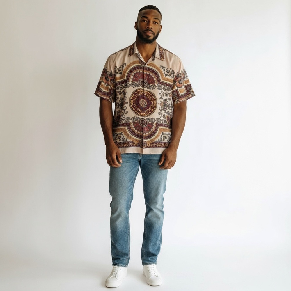 Gochu size large Men's Patterned Shirt - cream White, Gold